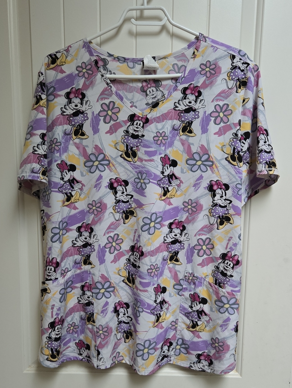 Disney Nurse Scrubs Minnie Mouse Short Sleeve V-Neck T Lavender, White & Yellow